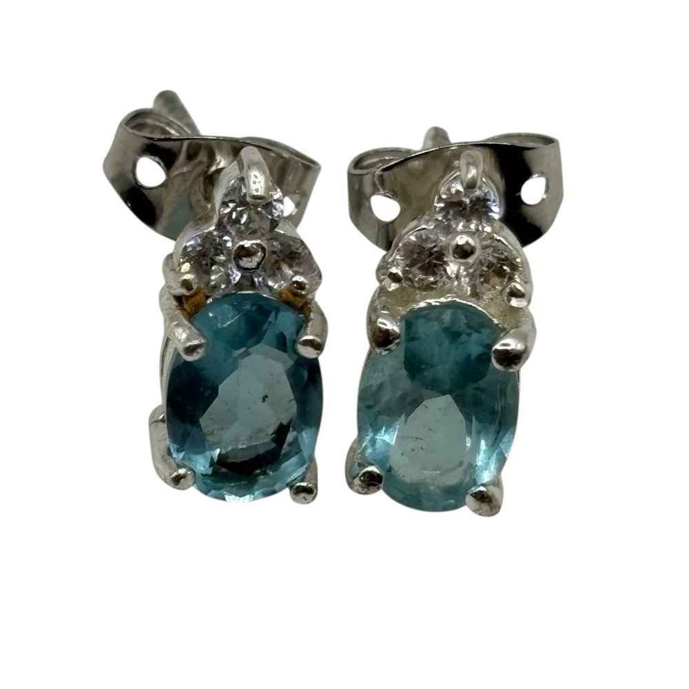Stimulated Aquamarine Stud‎ Earrings Sterling Sliver 925 CZ Accents Post by FAS - Picture 13 of 14